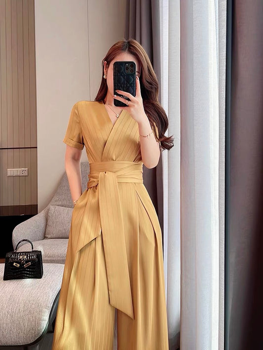 Miss Dong's high-end custom 2022 summer new acetate stripe lace-up high-waisted straight casual wide-leg jumpsuit
