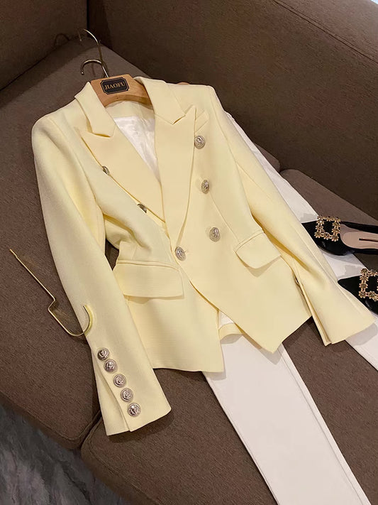 New 2022 European Classic Women's Jacket Metal Lion Buckle Double Breasted Slim Fit Hemp Suit Balmain