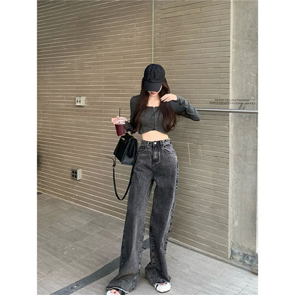 Retro new wide-leg pants washed high waist loose slim mopping jeans autumn and winter women's button straight trousers