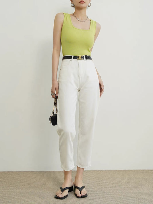 GUS GAO textured mulberry silk small white pants loose straight nine-point baguette pants are thin and unbound jeans women