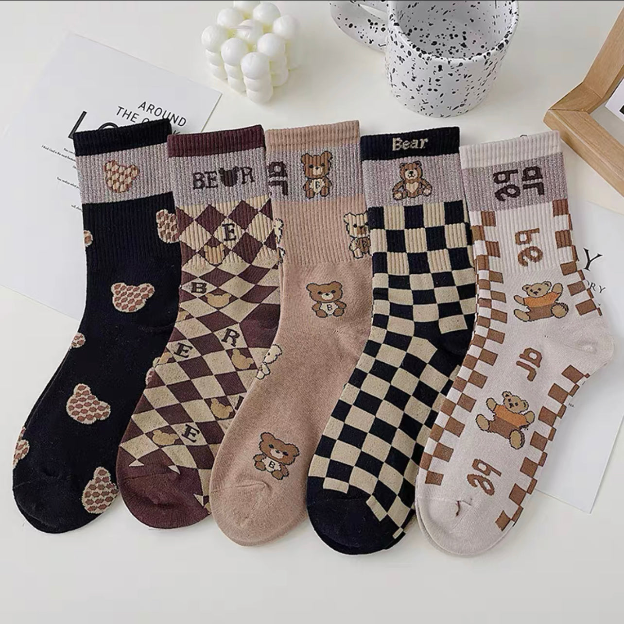 Socks women's ins tide all-match high-value fried street coffee series cotton mid-length women's socks bright silk bear new autumn and winter