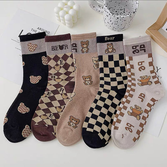 Socks women's ins tide all-match high-value fried street coffee series cotton mid-length women's socks bright silk bear new autumn and winter