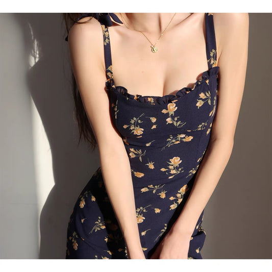 French Slim Sexy Shoulder Tie Agaric Floral Dress A-Line Waist Sling Over-the-Knee Midi Skirt
