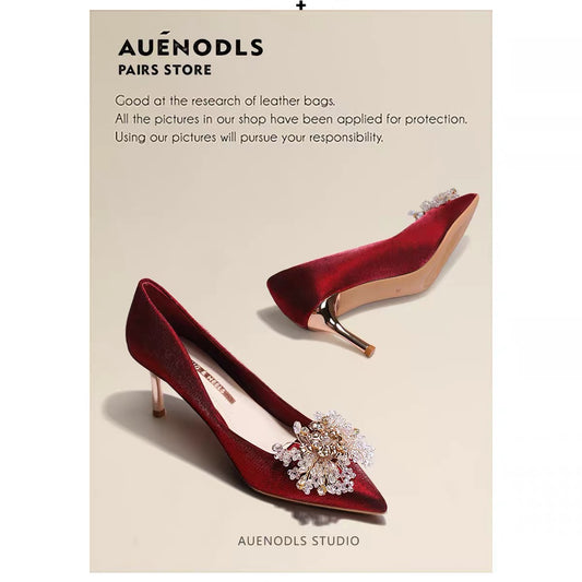 AUENODLS wine red rhinestone bow pointed high heels female stiletto Xiuhe two wear Chinese bridesmaid wedding shoes
