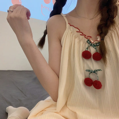 2022 new summer high-end pajamas girls suspenders cotton cute cherry can be worn outside home service suit