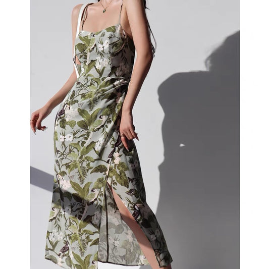 French retro flower and bird green print lace-up dress sexy side slit waist waist slim sling long skirt tea break skirt
