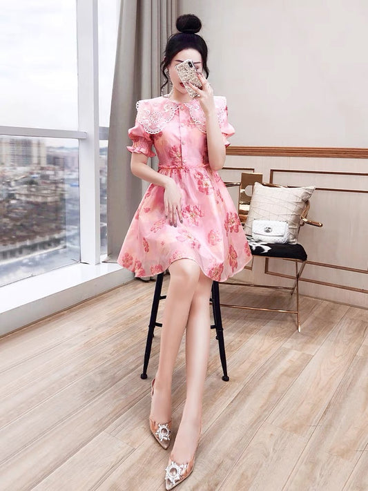 Lady temperament skirt 2022 new summer women's French large size floral doll collar pink dress