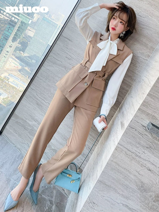 miuco streamer white shirt + waist suit vest + straight trousers three-piece suit 2021 autumn new k