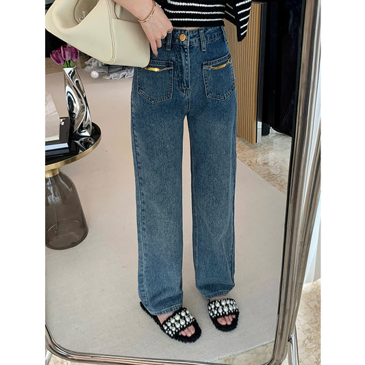 MUKOK retro blue jeans female straight 2023 spring new all-match thin ins high street high waist casual pants