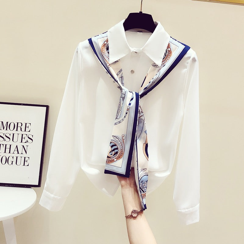 White shirt women's design sense niche 2022 early autumn new French chic high-quality streamer chiffon top trend