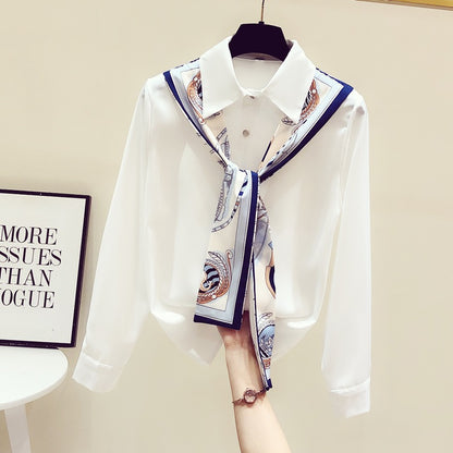 White shirt women's design sense niche 2022 early autumn new French chic high-quality streamer chiffon top trend