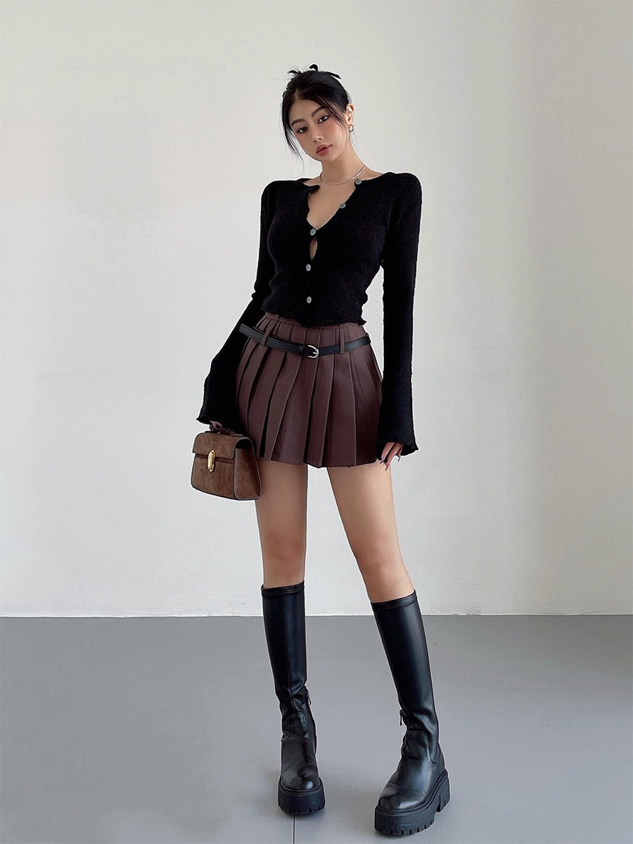 liviahome double belt pleated skirt skirt women's college sweet and spicy style black high waist slim A-line skirt