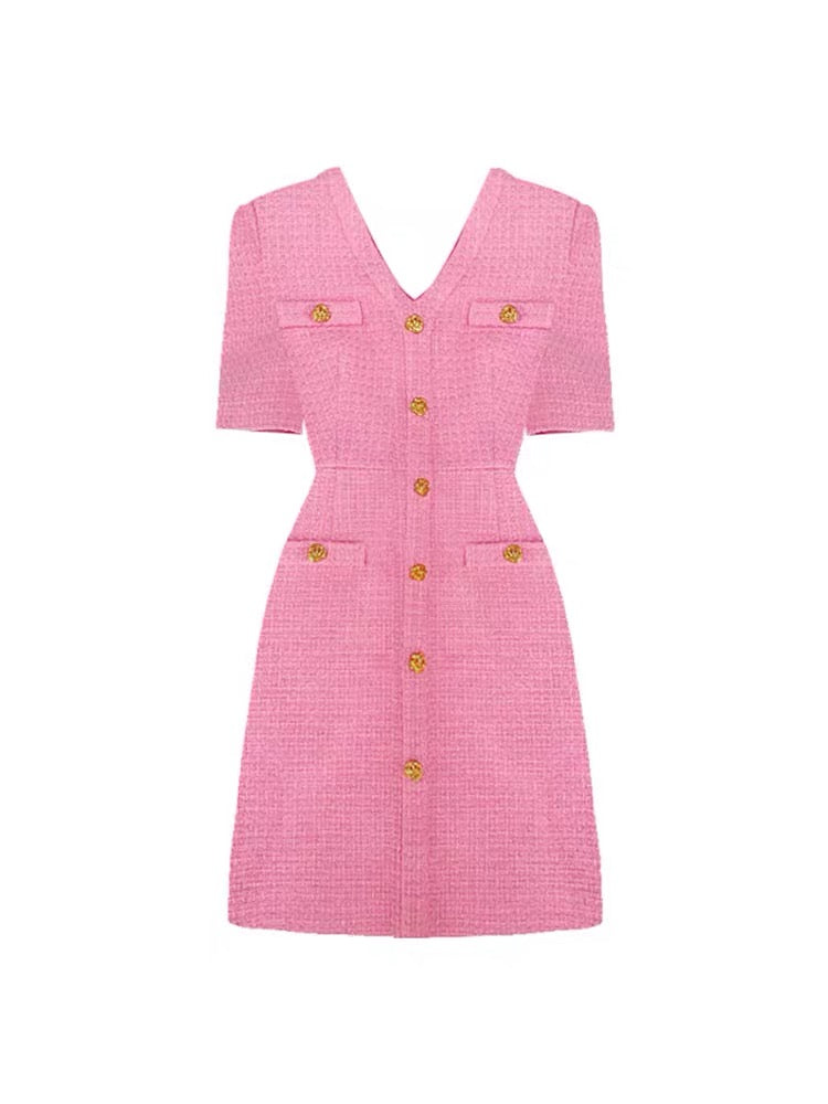 DPLAY [Black Label] 2022 Spring New French Small Fragrance V-Neck Bubble Gum Powder Tweed Dress