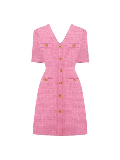 DPLAY [Black Label] 2022 Spring New French Small Fragrance V-Neck Bubble Gum Powder Tweed Dress