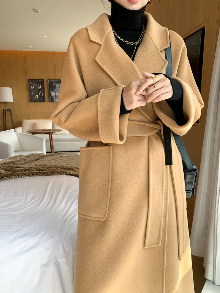 2022 autumn and winter new double-sided cashmere coat women's high-end thick water ripple mid-length woolen woolen coat