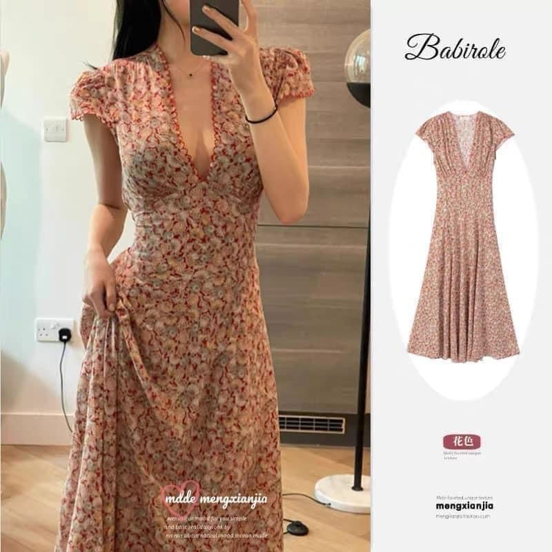 DOEN2022 summer retro print high waist tie dress V-neck slim waist French floral dress women 1987