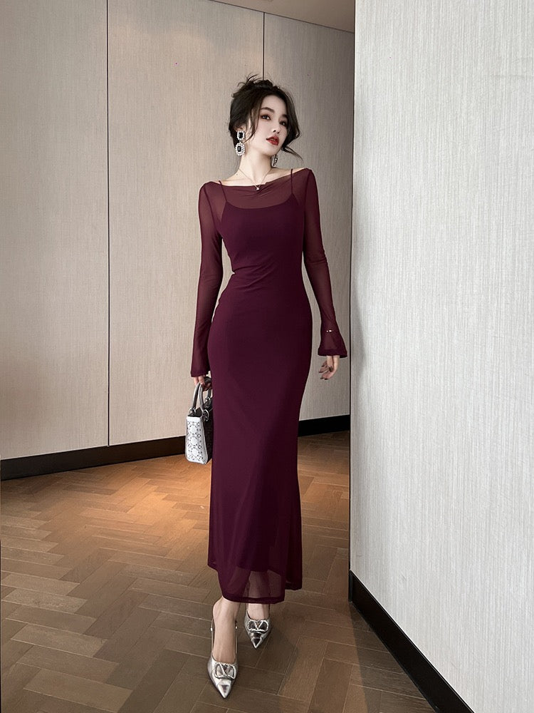 European station French Hepburn style high-end sexy royal sister sexy dress autumn and winter new slim fit slim blouse long skirt