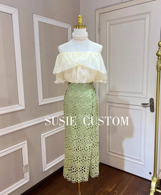 Show temperament soft mesh one-shoulder off-the-shoulder elastic ruffle top high waist water soluble lace slit skirt