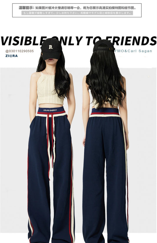 American-style drawstring casual pants women's 2022 autumn new striped loose, thin, sagging, high-waisted, wide-leg sweatpants trendy