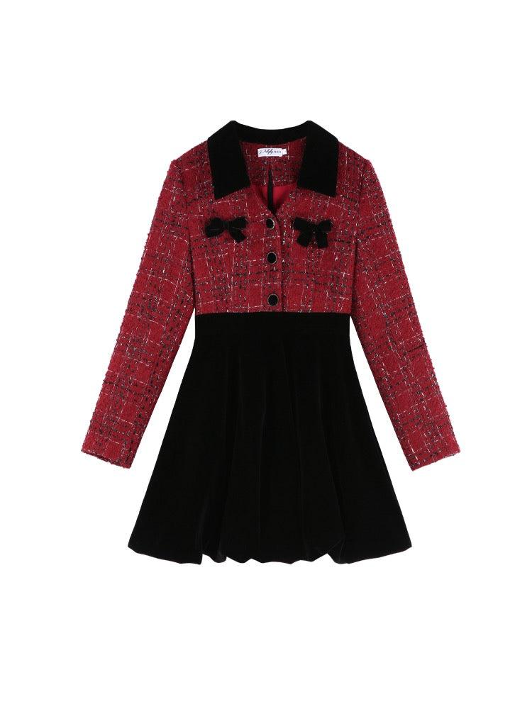 Small fragrant wind slub flower bud skirt high-end mosaic velvet dress female autumn and winter new sweet high waist skirt