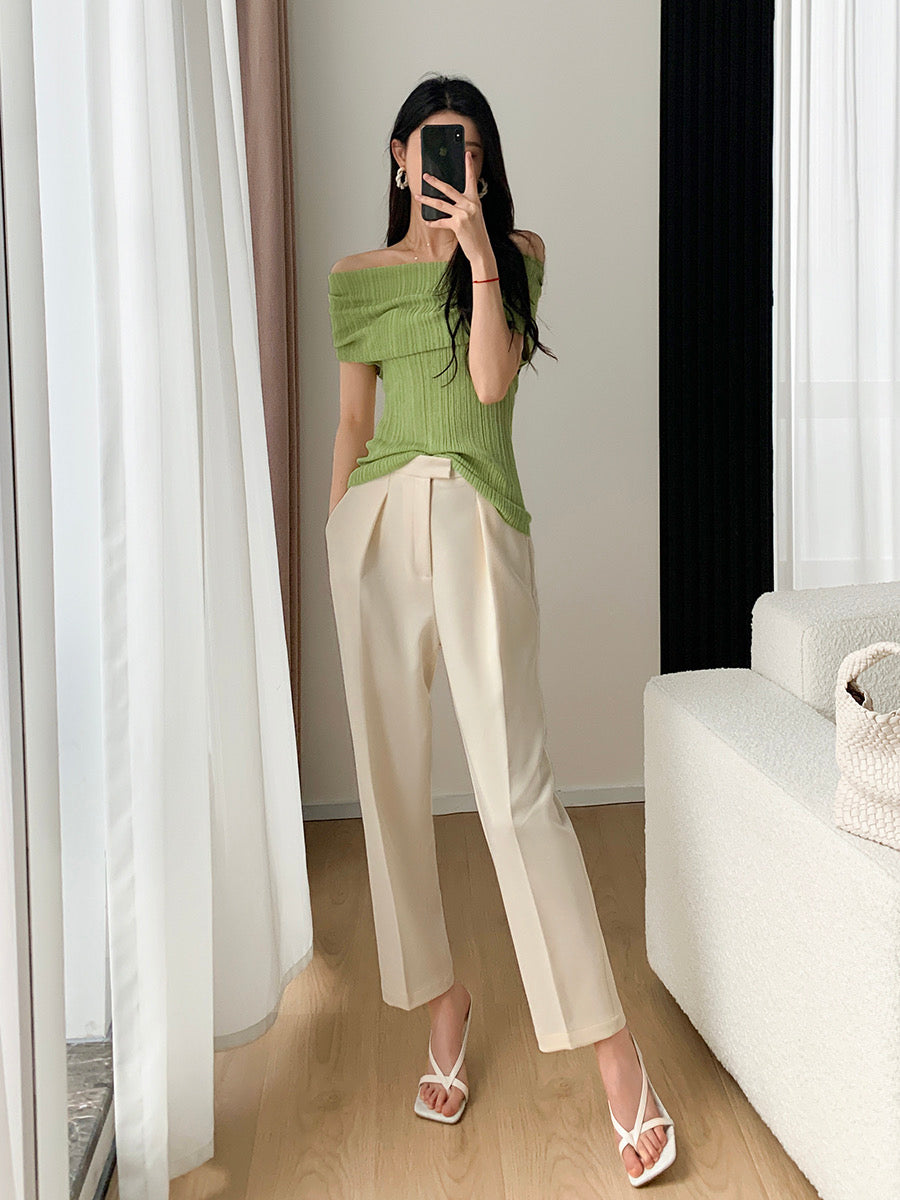 FT GUOGE beige wide-leg pants women's 2023 spring and autumn new high-waisted straight loose all-match nine-point casual pants