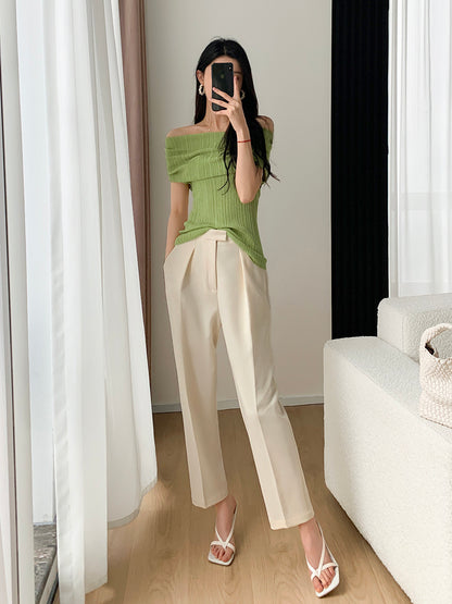 FT GUOGE beige wide-leg pants women's 2023 spring and autumn new high-waisted straight loose all-match nine-point casual pants