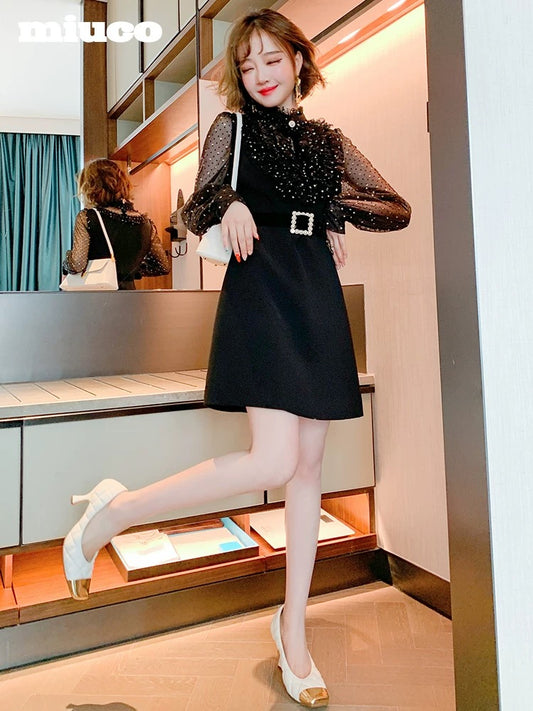 miuco fungus collar U-shaped stitching bronzing mesh belt waist A-line dress women's 2021 spring new k