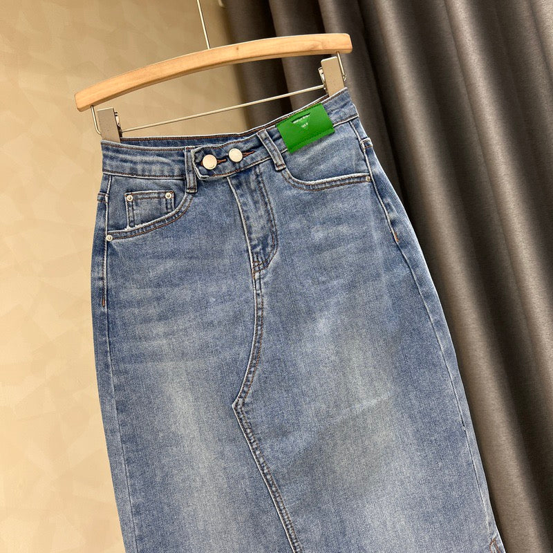 Dark blue denim half-length skirt women's summer new solid color all-match side slit high waist a-line bag hip one-step skirt