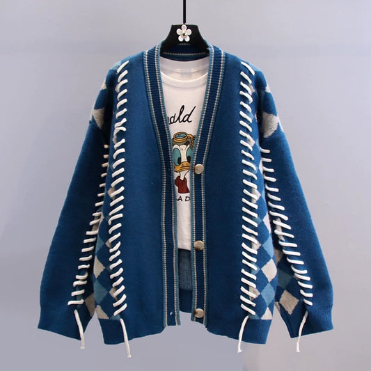 Retro checkerboard design sweater jacket women's winter 2022 new loose and lazy style contrast color knitted cardigan