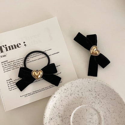 Retro velvet love bow hair rope girly temperament hair ring hair clip sweet bangs side clip Japanese and Korean hair accessories