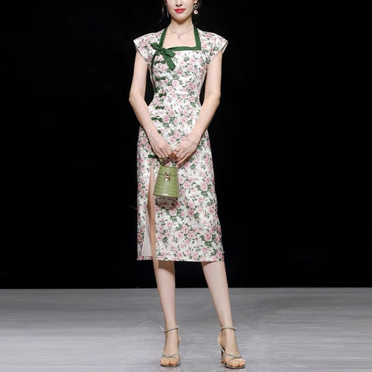 Summer women's clothing 2022 new temperament French slim waist and thin printed cheongsam dress long skirt skirt woman
