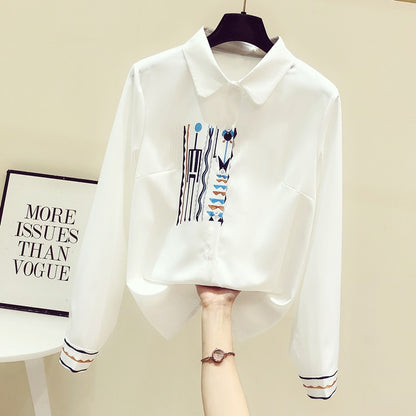 Embroidered chiffon white shirt top women's design sense niche 2022 early autumn new Korean style all-match chic shirt trend