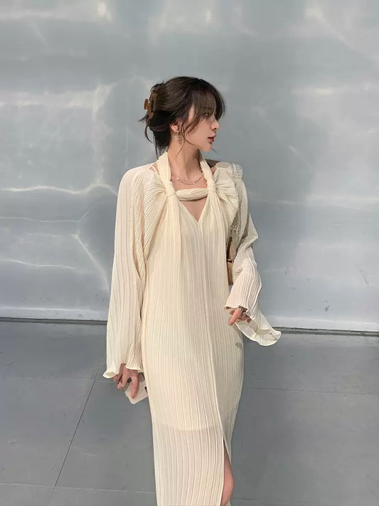 Middletone | muse goddess level!  Gentle temperament hanging front slit long-sleeved pleated dress women's summer