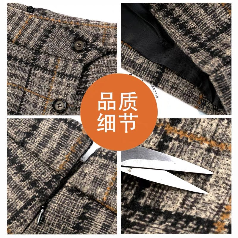 Woolen shorts women's autumn and winter 2022 new high-waist fake two-piece culottes outerwear fashion explosive plaid boot pants