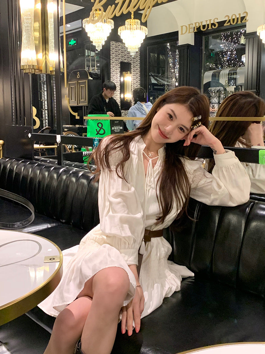 Buckwheat Qiaoqiao "Arrogant Princess" French pleated high-end sweet fairy mid-length dress with belt