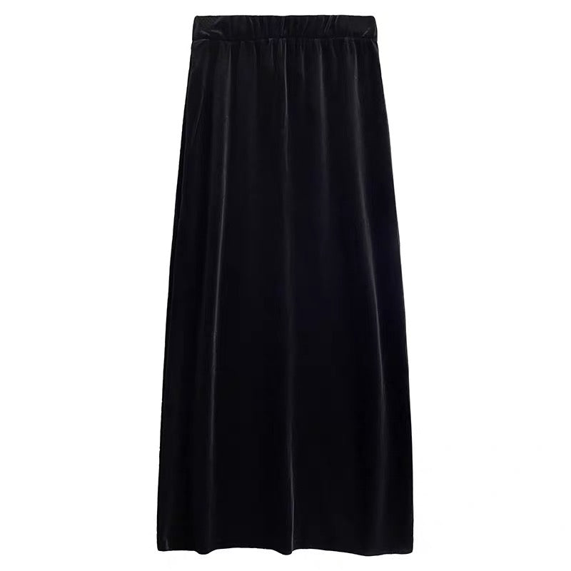 La Chapelle gold velvet skirt women's high waist mid-length 2022 spring and autumn new rear slit bag hip one step skirt