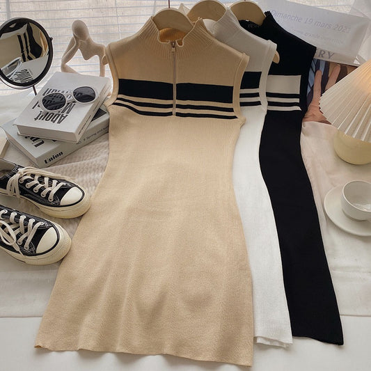 Stand collar zipper color matching striped short-sleeved knitted vest skirt female 2022 autumn Korean style all-match dress