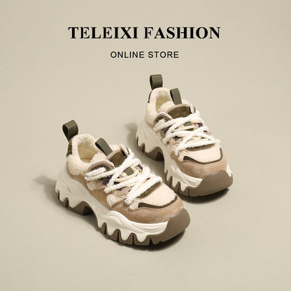 TELEIXI Mousse Cheese~Lamb wool thick-soled plus velvet daddy shoes women's autumn and winter new leather warm cotton shoes