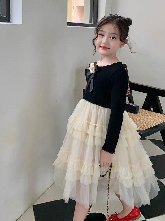 Original girls' autumn and winter style stitching mesh dress princess skirt children's autumn cake skirt little girl dress