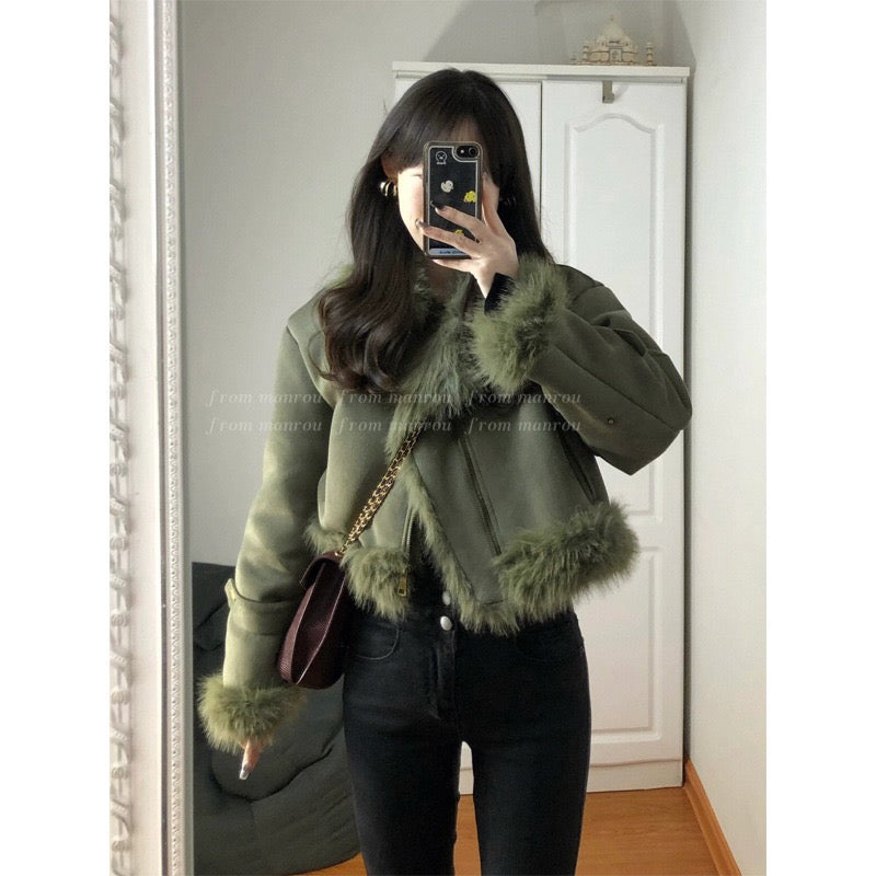 Small fragrant wind fur integrated suede short lamb wool coat women's autumn and winter thickened motorcycle jacket tops