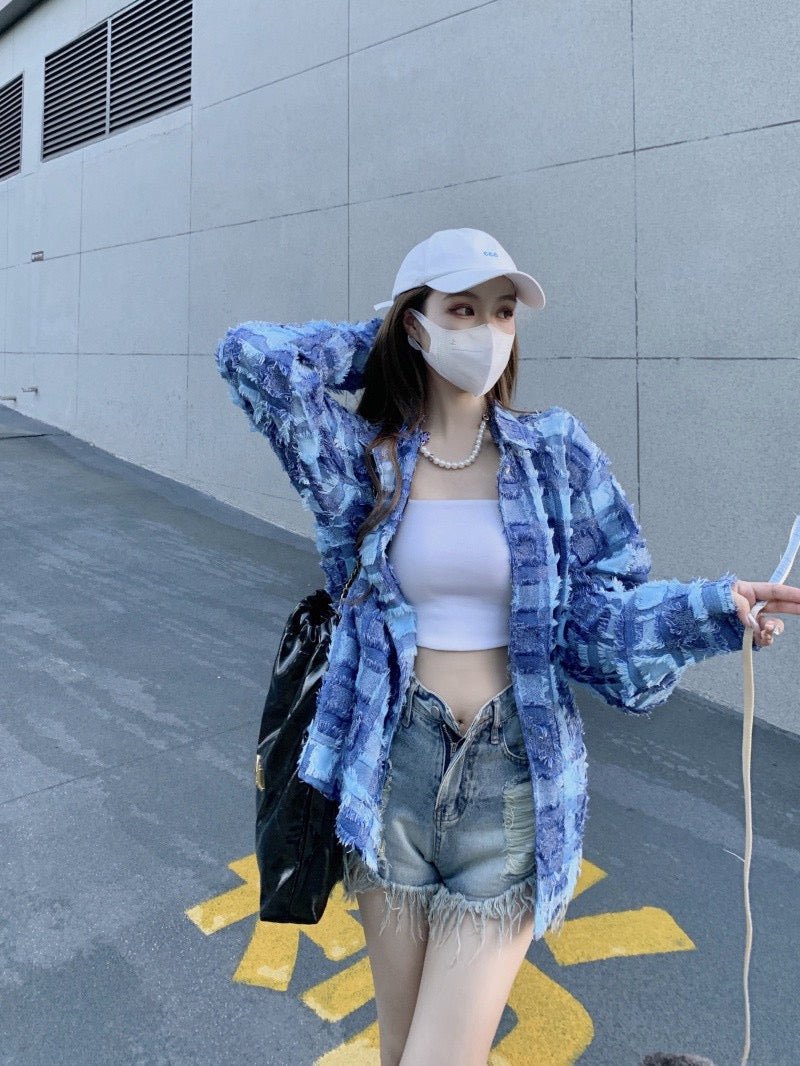 Retro chic blue plaid tassel long-sleeved shirt women's spring 2023 new mid-length loose top ins