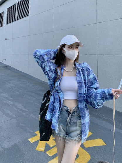 Retro chic blue plaid tassel long-sleeved shirt women's spring 2023 new mid-length loose top ins