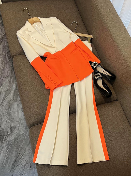 New European and American star fashion one-button contrast color matching suit + flared pants suit two-piece set 6372