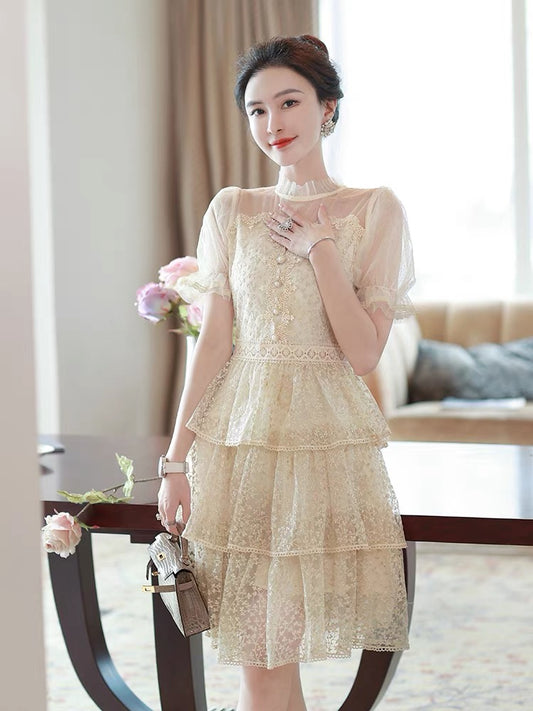 French sweet dress summer women's 2022 new skirt ladies heavy industry lace embroidery waist cake skirt