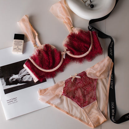 French style ultra-thin underwear women's big breasts are small and thin lace soft steel ring bra set sexy small breasts slightly gathered