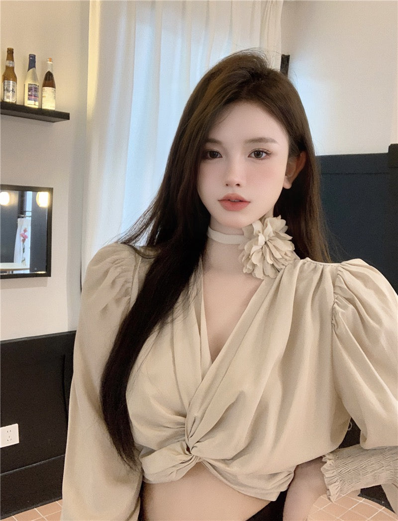 French v-neck long-sleeved shirt women's spring puff sleeve loose chic unique design sense niche short top