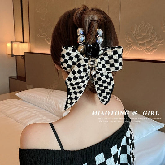 Black and white checkerboard plaid houndstooth back head hairpin female summer net red big catch clip fairy autumn and winter shark clip