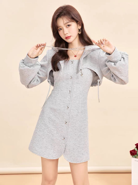 Fantu fashion short hooded top coat irregular two-piece set women's 2022 autumn new two-piece set
