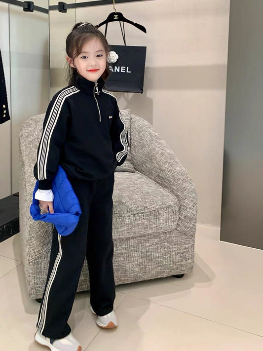 Original girls children's clothing autumn sports suit children's autumn drawstring zipper shirt striped straight pants two-piece set