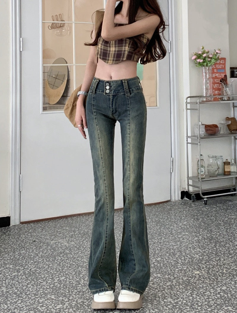 Blue retro stretch jeans women's autumn straight small all-match slim fit floor mopping micro flared trousers trousers